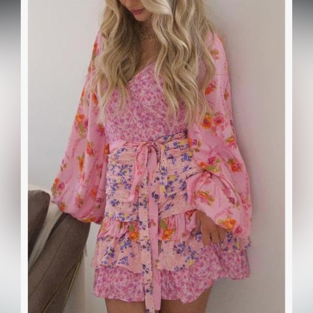 Floral Ruffle Mini Dress Boho Puff Sleeve Short Dress Flowy A line Babydoll med